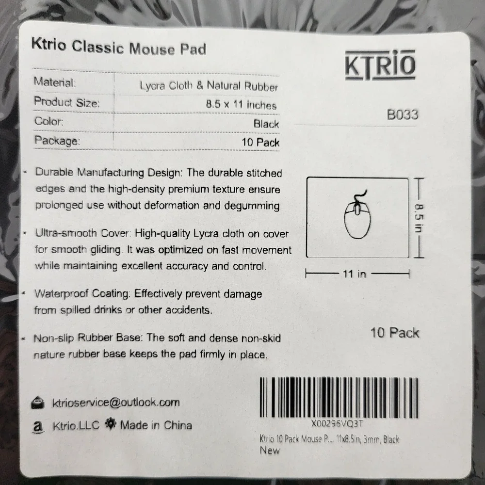 Ktrio Mouse Pads 10 Pack Black Lycra Cloth Natural Rubber 8.5‎ x 11 Inches New